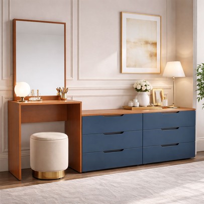 Cômoda Madrid 6 Gavetas com Espelho Azul/Freijó - Politorno