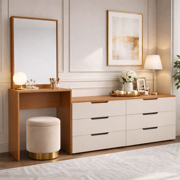 Cômoda Madrid 6 Gavetas com Espelho Creme/Freijó - Politorno