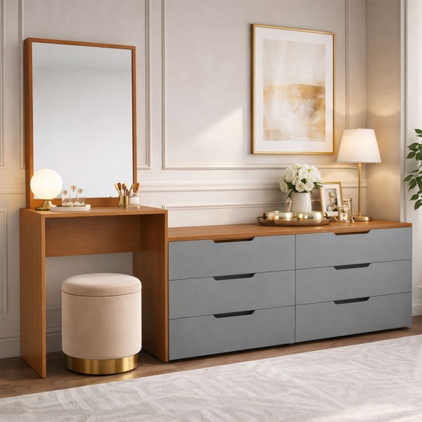 Cômoda Madrid 6 Gavetas com Espelho Cinza/Freijó - Politorno