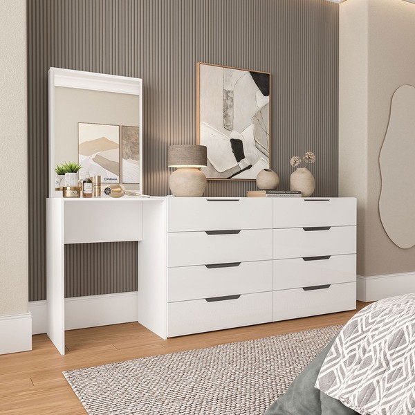 Cômoda Madrid 8 Gavetas com Espelho Branco - Politorno