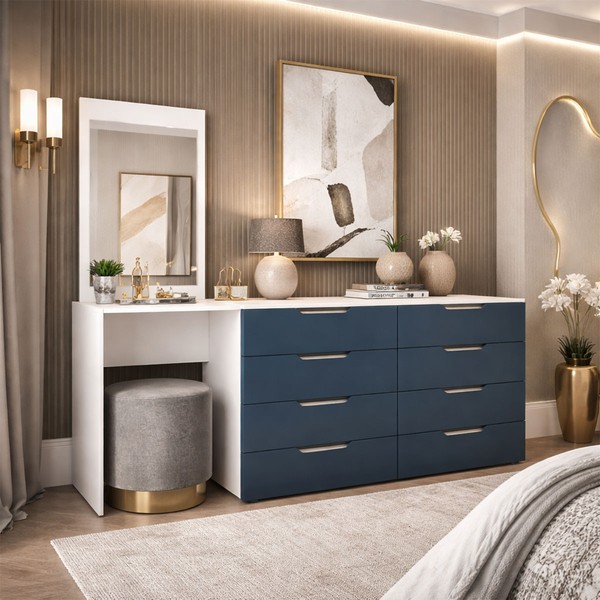 Cômoda Madrid 8 Gavetas com Espelho Azul/Branco - Politorno