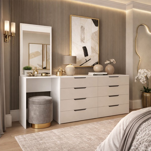 Cômoda Madrid 8 Gavetas com Espelho Creme/Branco - Politorno
