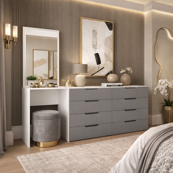 Cômoda Madrid 8 Gavetas com Espelho Cinza/Branco - Politorno