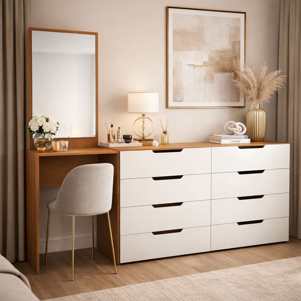 Cômoda Madrid 8 Gavetas com Espelho Branco/Freijó - Politorno