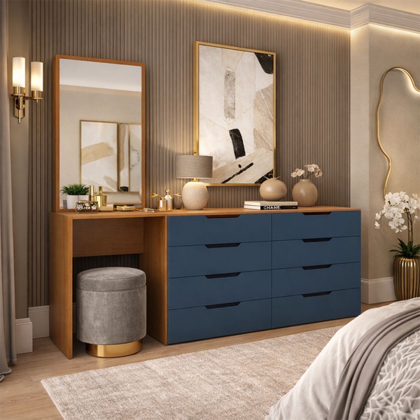 Cômoda Madrid 8 Gavetas com Espelho Azul/Freijó - Politorno