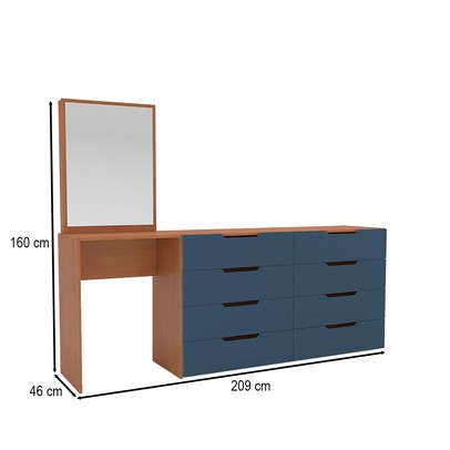 Cômoda Madrid 8 Gavetas com Espelho Azul/Freijó - Politorno