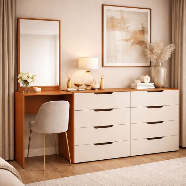 Cômoda Madrid 8 Gavetas com Espelho Creme/Freijó - Politorno