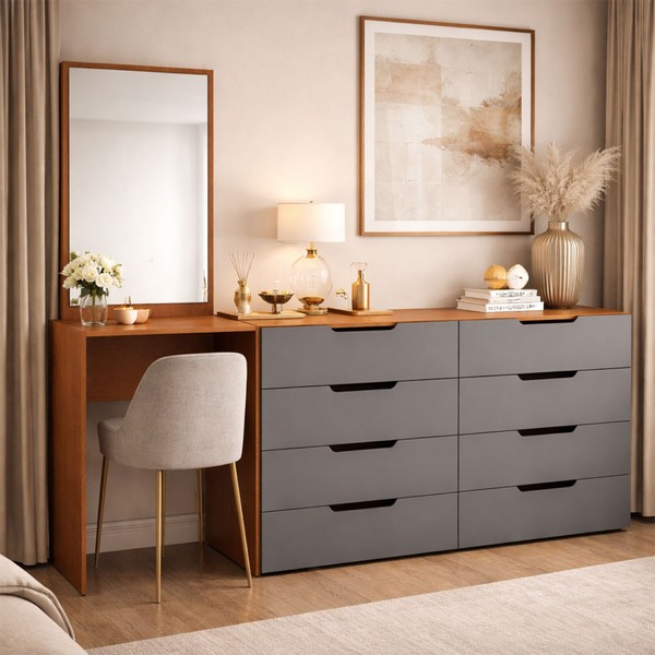 Cômoda Madrid 8 Gavetas com Espelho Cinza/Freijó - Politorno