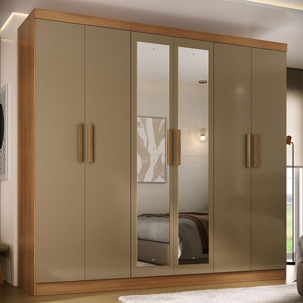 Guarda-Roupa Solteiro Lancaster 6 Portas 3 Gavetas 100% Mdf com Espelho Cinamomo/Cappuccino - Panorama Móveis