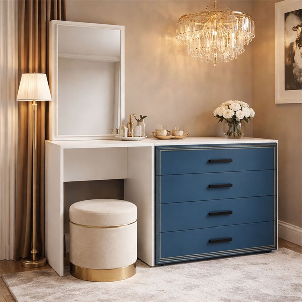Cômoda Valência 4 Gavetas com Espelho Azul/Branco - Politorno