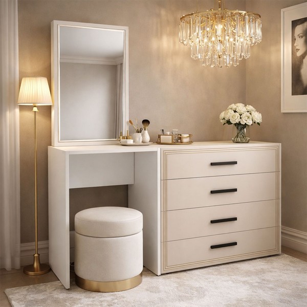 Cômoda Valência 4 Gavetas com Espelho Creme/Branco - Politorno