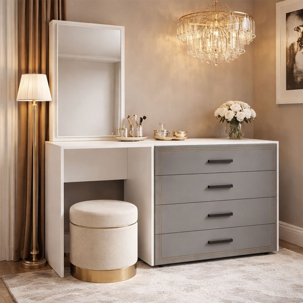 Cômoda Valência 4 Gavetas com Espelho Cinza/Branco - Politorno