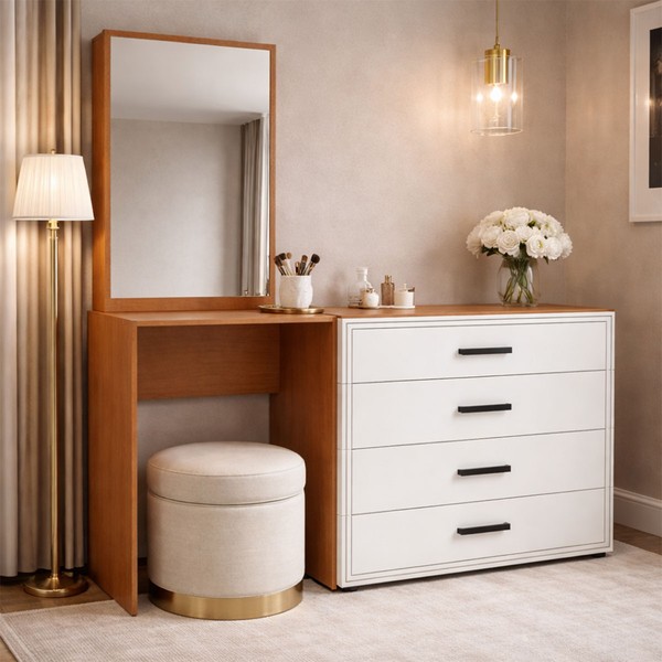 Cômoda Valência 4 Gavetas com Espelho Branco/Freijó - Politorno