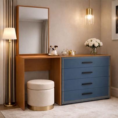 Cômoda Valência 4 Gavetas com Espelho Azul/Freijó - Politorno