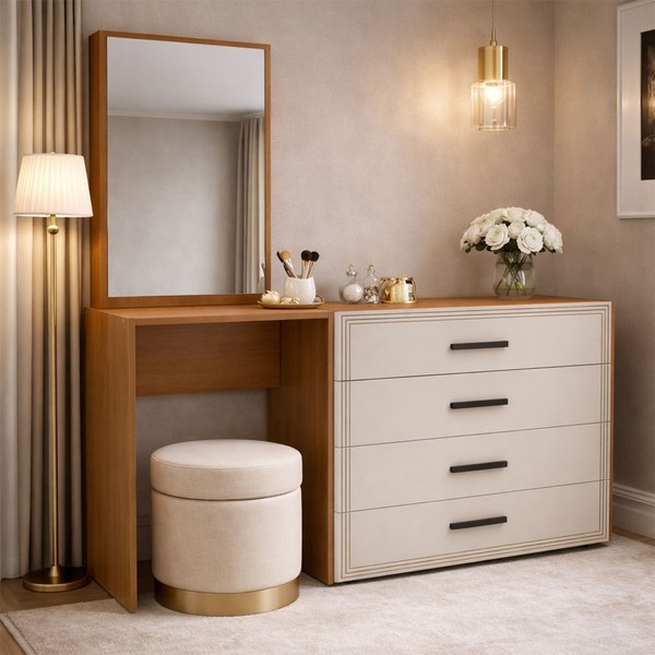 Cômoda Valência 4 Gavetas com Espelho Creme/Freijó - Politorno