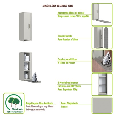 Armário Aéreo Lavanderia  Assis 1 Porta com Tábua de Passar Arenas - Art In Móveis