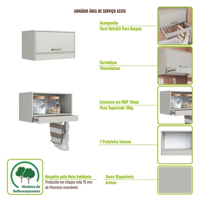 Armário Aéreo Lavanderia  Assis 1 Porta com Varal Arenas - Art In Móveis