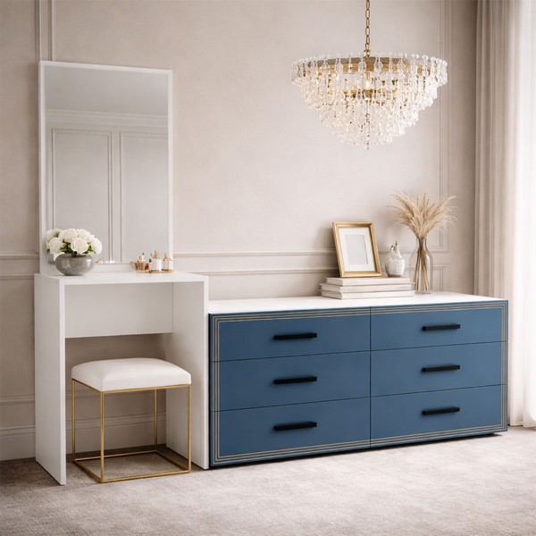 Cômoda Valência 6 Gavetas com Espelho Azul/Branco - Politorno