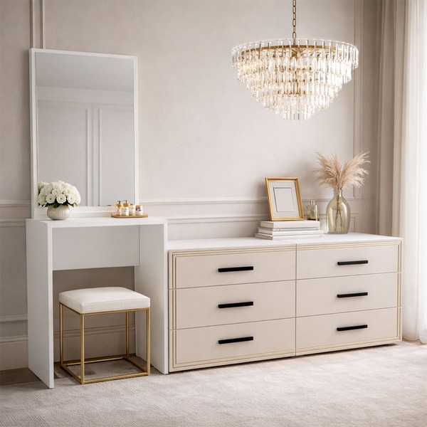 Cômoda Valência 6 Gavetas com Espelho Creme/Branco - Politorno