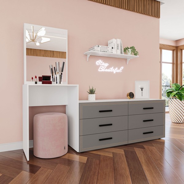 Cômoda Valência 6 Gavetas com Espelho Cinza/Branco - Politorno