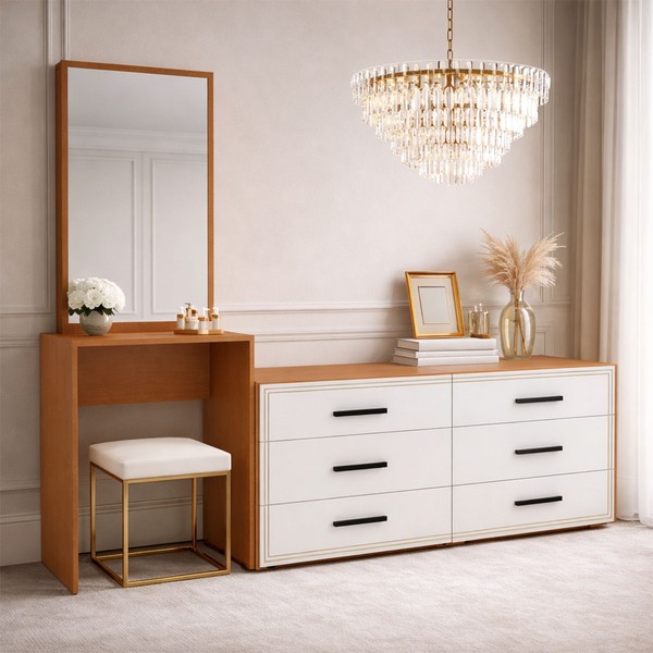 Cômoda Valência 6 Gavetas com Espelho Branco/Freijó - Politorno