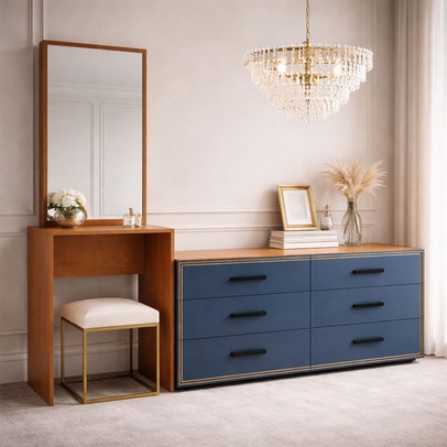Cômoda Valência 6 Gavetas com Espelho Azul/Freijó - Politorno