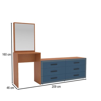 Cômoda Valência 6 Gavetas com Espelho Azul/Freijó - Politorno