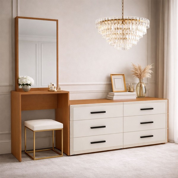 Cômoda Valência 6 Gavetas com Espelho Creme/Freijó - Politorno