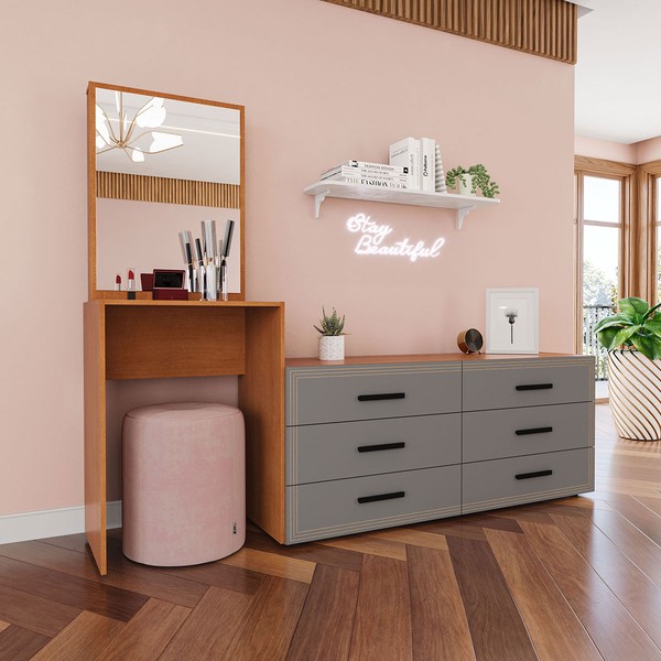 Cômoda Valência 6 Gavetas com Espelho Cinza/Freijó - Politorno