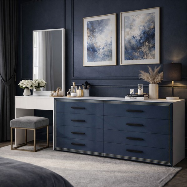Cômoda Valência 8 Gavetas com Espelho Azul/Branco - Politorno