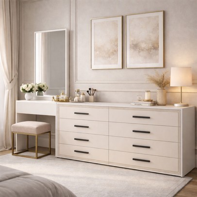 Cômoda Valência 8 Gavetas com Espelho Creme/Branco - Politorno