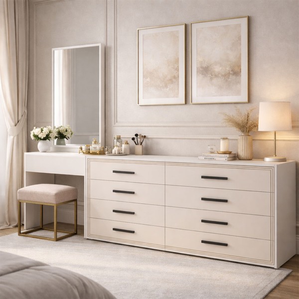 Cômoda Valência 8 Gavetas com Espelho Creme/Branco - Politorno