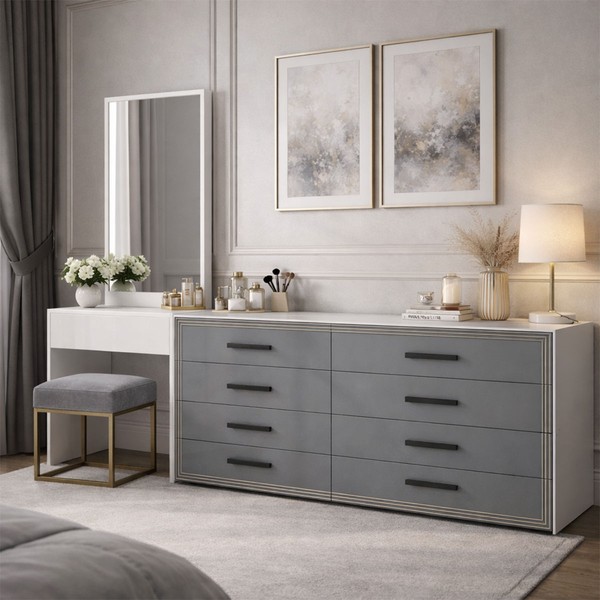 Cômoda Valência 8 Gavetas com Espelho Cinza/Branco - Politorno