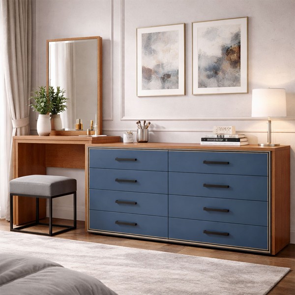Cômoda Valência 8 Gavetas com Espelho Azul/Freijó - Politorno