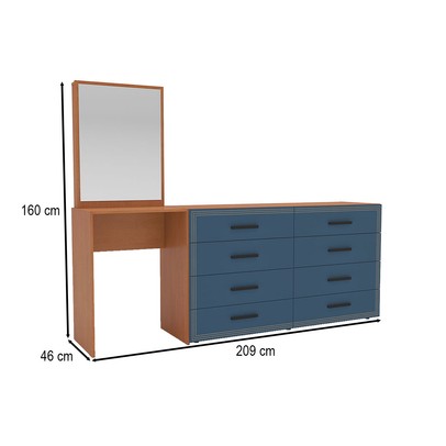 Cômoda Valência 8 Gavetas com Espelho Azul/Freijó - Politorno