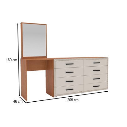 Cômoda Valência 8 Gavetas com Espelho Creme/Freijó - Politorno