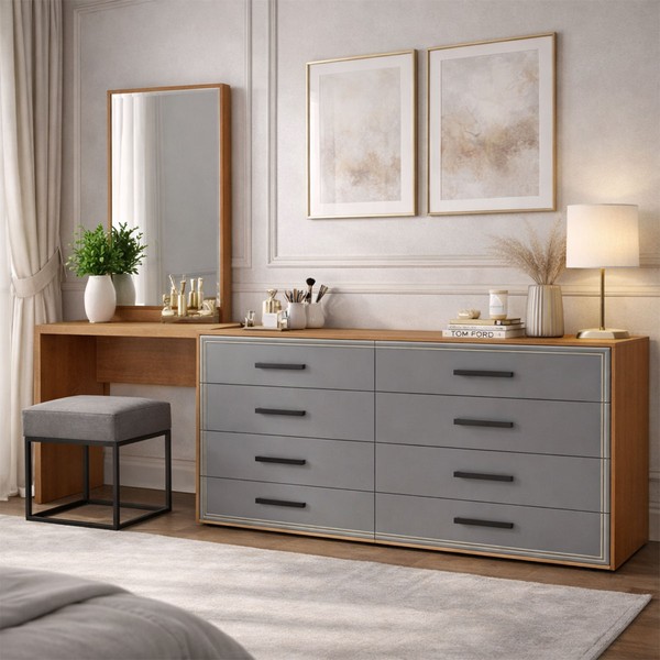 Cômoda Valência 8 Gavetas com Espelho Cinza/Freijó - Politorno