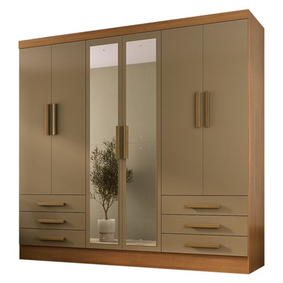 Guarda-Roupa Solteiro Lancaster 6 Portas 6 Gavetas 100% Mdf com Espelho Cinamomo/Cappuccino - Panorama Móveis