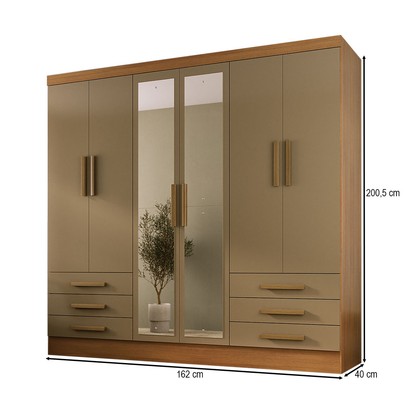 Guarda-Roupa Solteiro Lancaster 6 Portas 6 Gavetas 100% Mdf com Espelho Cinamomo/Cappuccino - Panorama Móveis