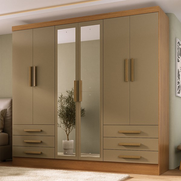 Guarda-Roupa Solteiro Lancaster 6 Portas 6 Gavetas 100% Mdf com Espelho Cinamomo/Cappuccino - Panorama Móveis