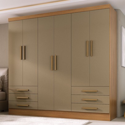 Guarda-Roupa Solteiro Lancaster 6 Portas 6 Gavetas 100% Mdf Cinamomo/Cappuccino - Panorama Móveis