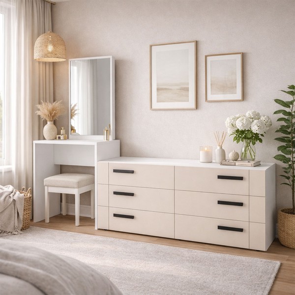 Cômoda Lisboa 6 Gavetas com Espelho Creme/Branco - Politorno