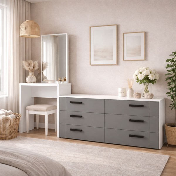 Cômoda Lisboa 6 Gavetas com Espelho Cinza/Branco - Politorno