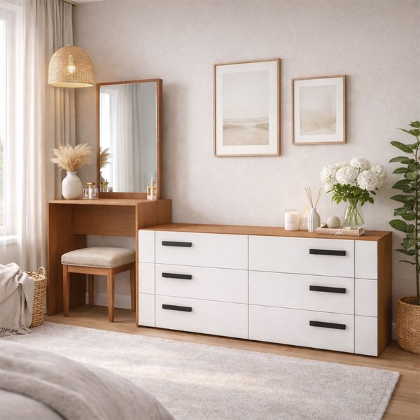 Cômoda Lisboa 6 Gavetas com Espelho Branco/Freijó - Politorno
