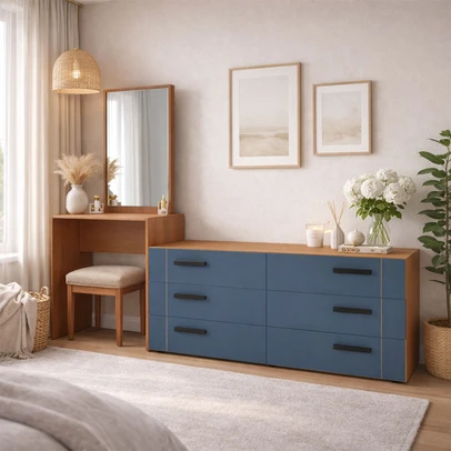 Cômoda Lisboa 6 Gavetas com Espelho Azul/Freijó - Politorno