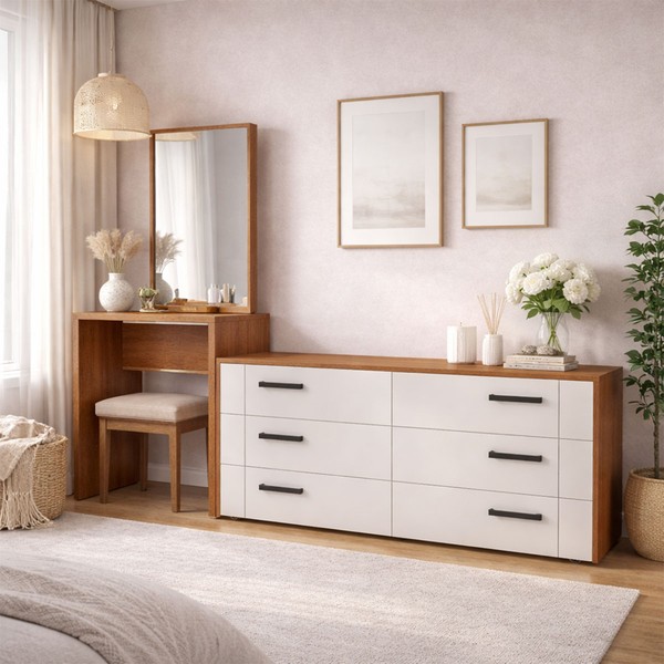 Cômoda Lisboa 6 Gavetas com Espelho Creme/Freijó - Politorno