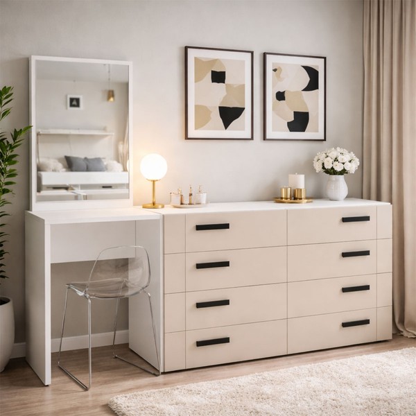 Cômoda Lisboa 8 Gavetas com Espelho Creme/Branco - Politorno