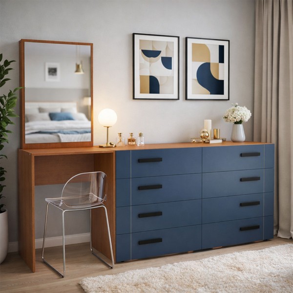 Cômoda Lisboa 8 Gavetas com Espelho Azul/Freijó - Politorno