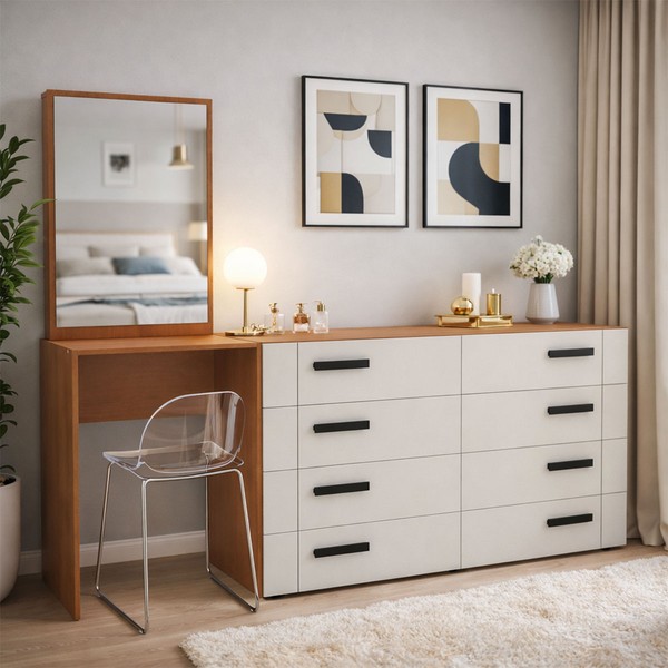 Cômoda Lisboa 8 Gavetas com Espelho Creme/Freijó - Politorno