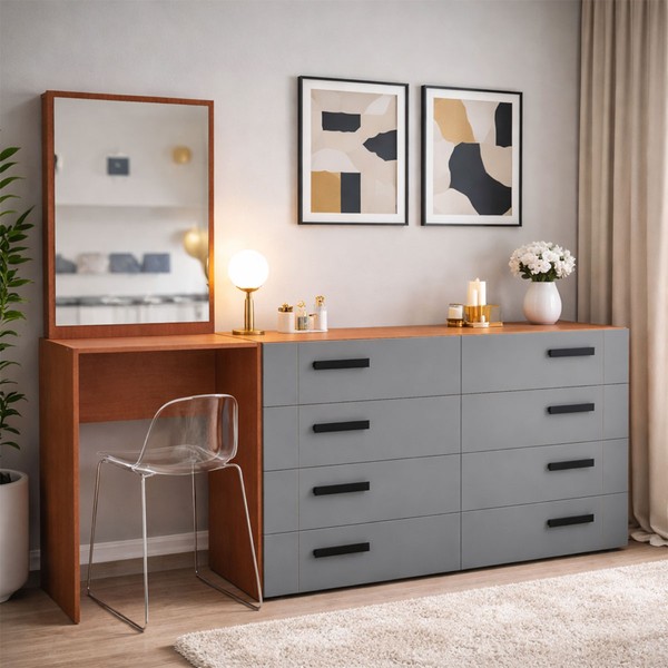 Cômoda Lisboa 8 Gavetas com Espelho Cinza/Freijó - Politorno